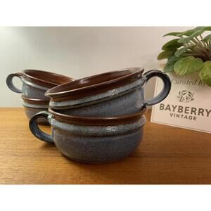 Vintage Studio Pottery Stoneware Soup Coffee Bowls Set of 4 Handles | Signed JW